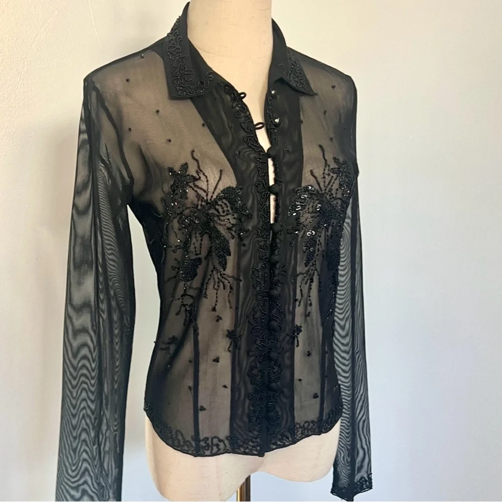 VTG Caché,Sheer Beaded Mesh Blouse 90s Y2K Evening Goth Glam Stretch Top Size L - Picture 4 of 12